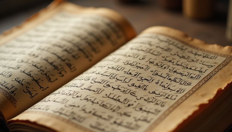 Eye-level view of an ancient manuscript with Arabic calligraphy of Surah Yā-Sīn