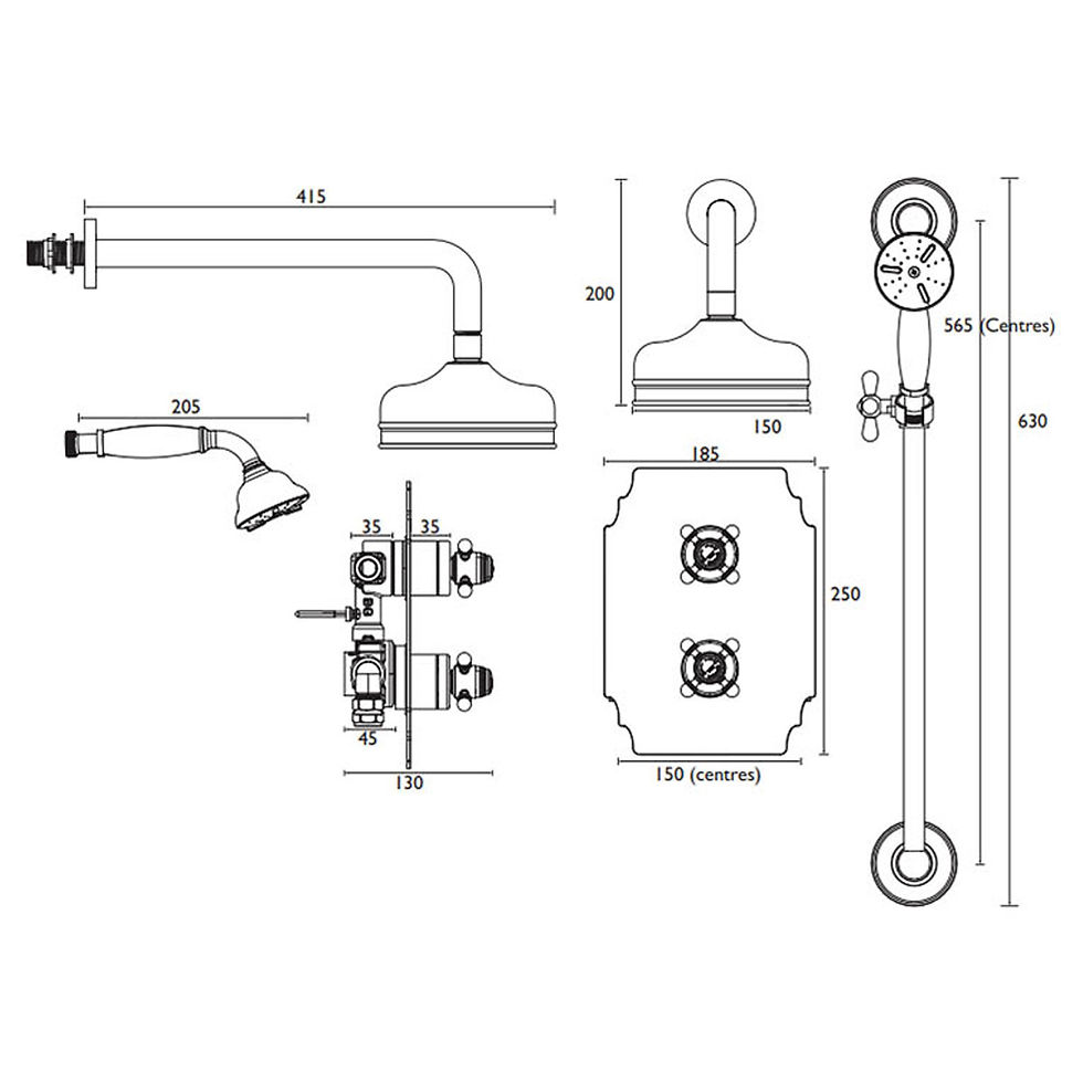 Thumbnail: Hartlebury Recessed Shower Valve with Dual Head Kit by Heritage technical drawing