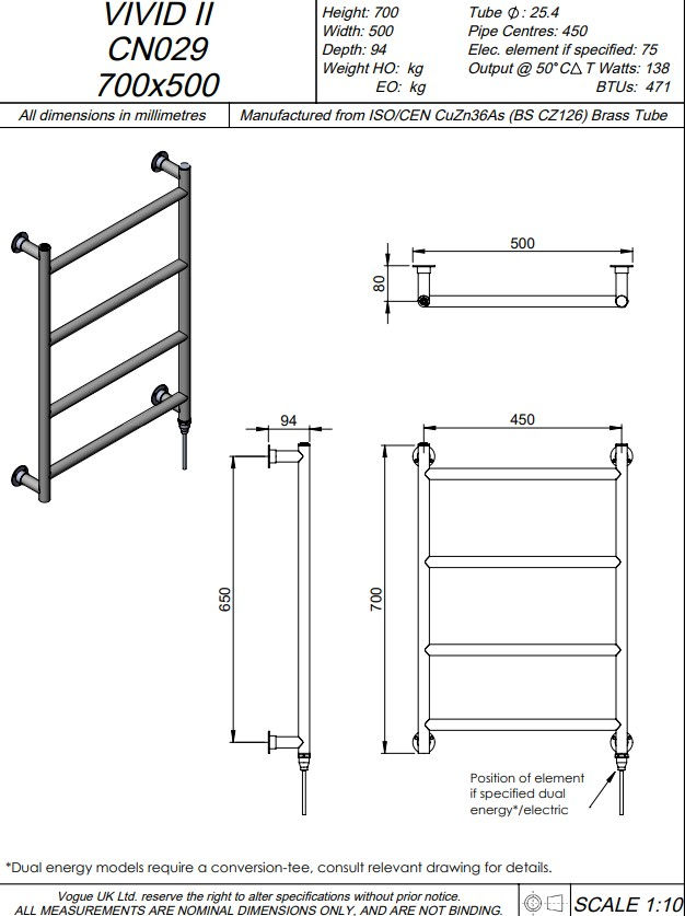 Thumbnail: The Vivid II Towel Rail in Brass Construction by Vogue UK- technical drawings