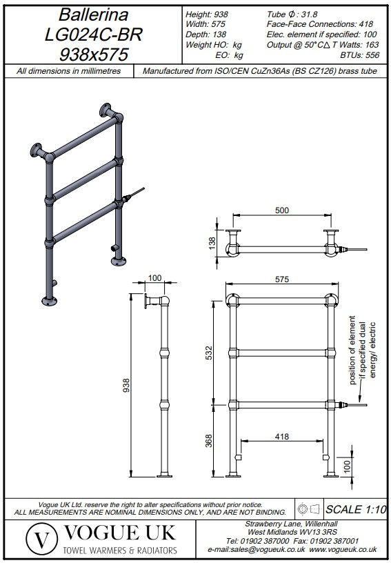 Thumbnail: Legacy Ballerina Floor & Wall Mounted Towel Rail | Brass Construction | Vogue UK- Technical Drawings