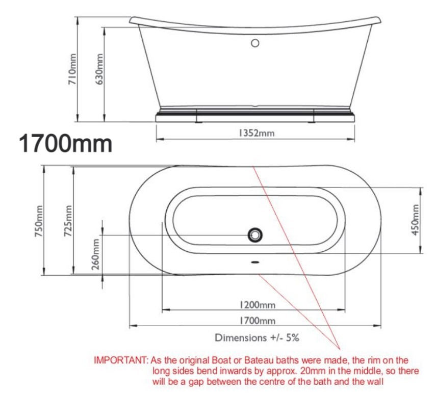 Thumbnail: The Acrylic Boat Bath | BC Designs | Tech Drawing 1700mm