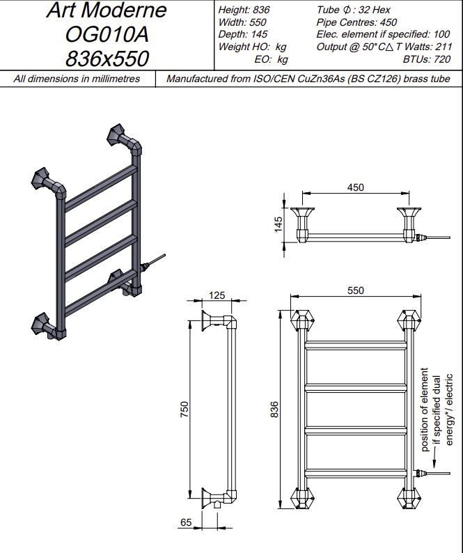 Thumbnail: Art Moderne | Wall Mounted Towel Rail | Brass Construction | Vogue UK- Technical Drawings