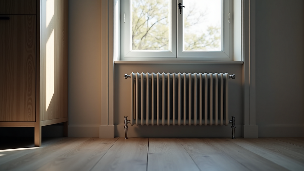 Eye-level view of a modern radiator installed under a window