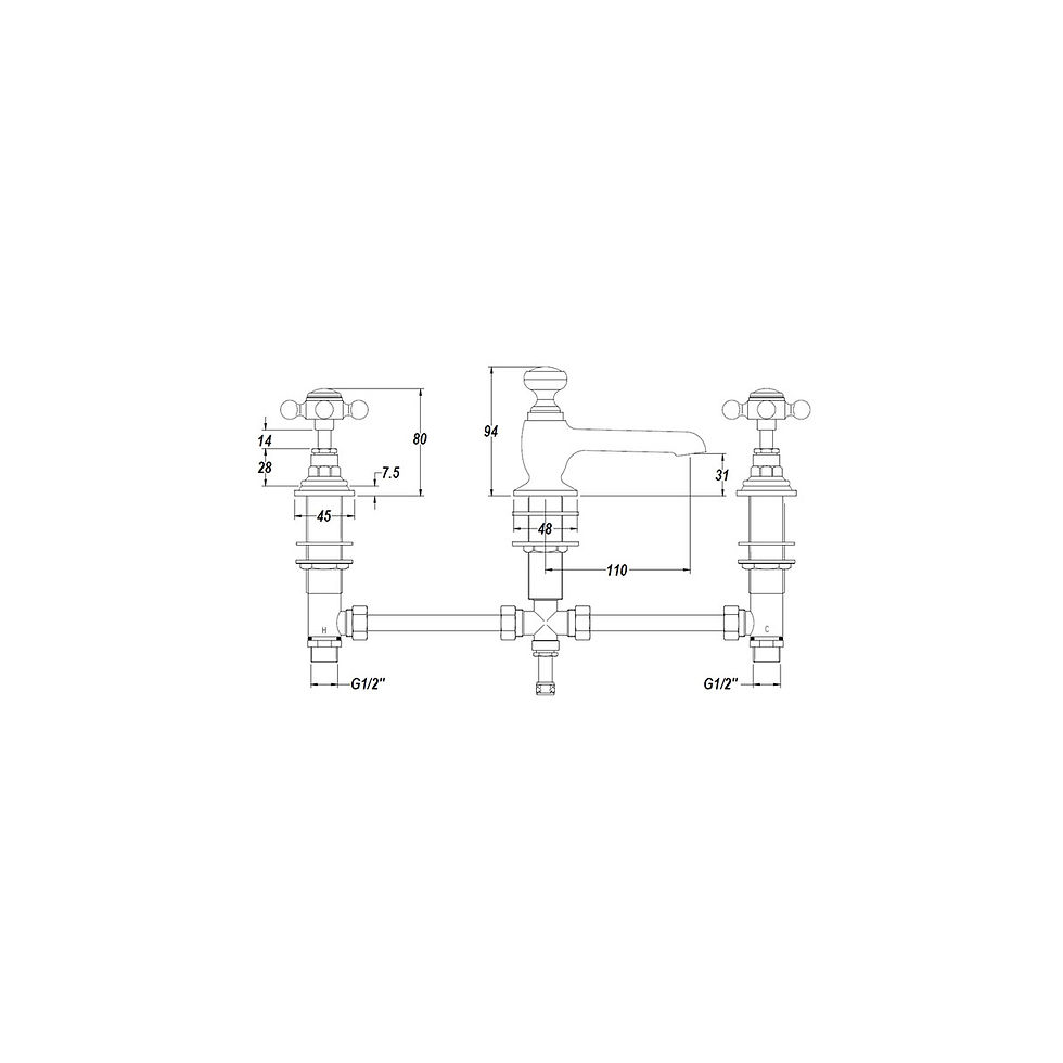 Brass Topaz Crosshead 3 Taphole Basin Mixer by Hudson Reed technical drawing