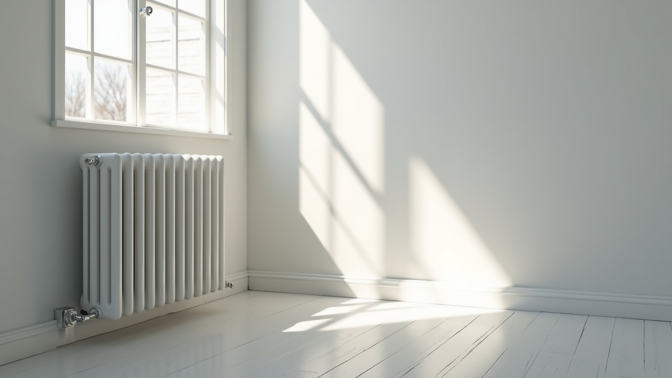 High angle view of a radiator installed in a bright, spacious room