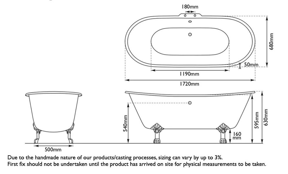 Thumbnail: Prior Cast Iron Roll Top Bath Tech Drawing Hurlingham