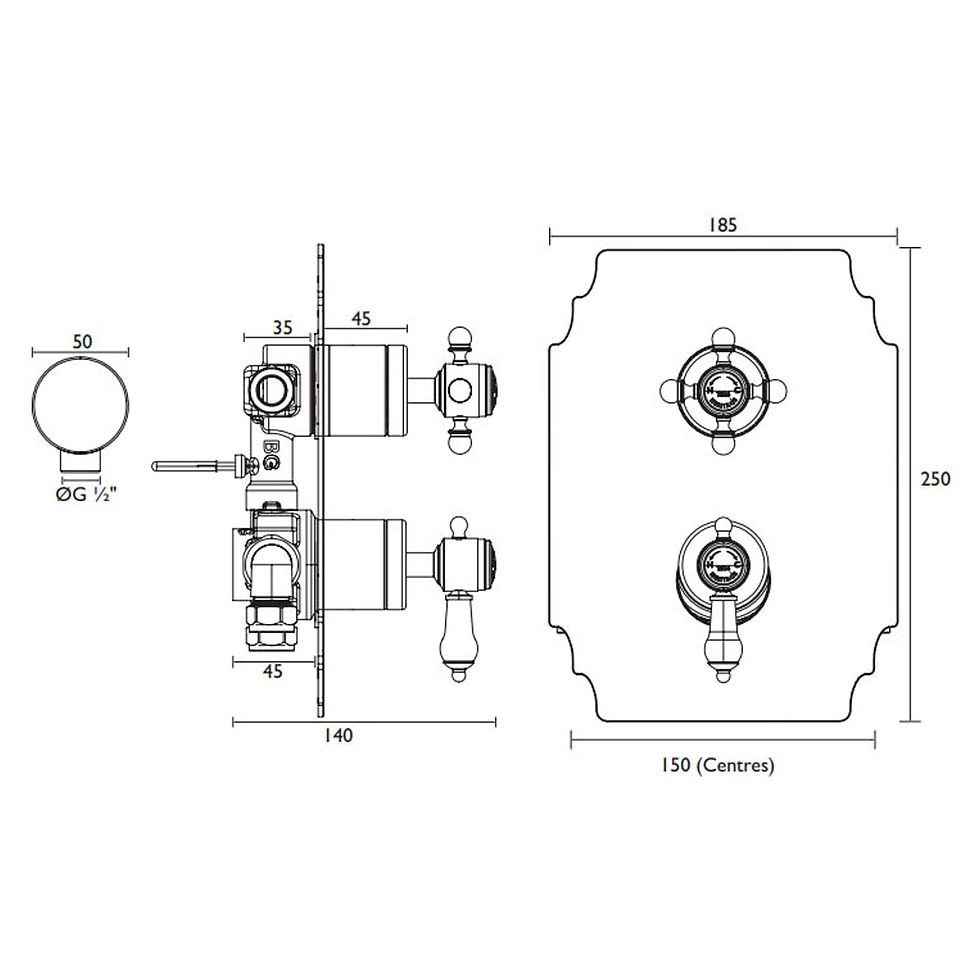 Thumbnail: Glastonbury Recessed Shower with Diverter Valve by Heritage technical drawing