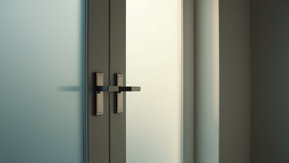 Close-up view of a door with frosted glass panels and minimalist hardware