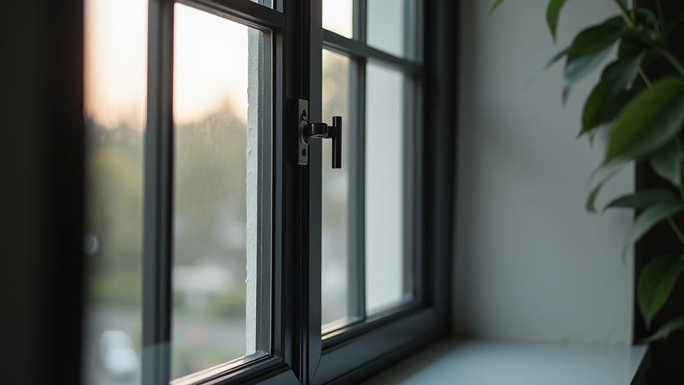 Close-up view of modern casement window with black frame