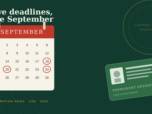 Five overlapping US immigration deadlines converge this September — a worldwide green card interview pause, a new $103,265 H-1B fee, mass visa revocations, and more. Here's what's confirmed, what's still a proposal, and what to watch.