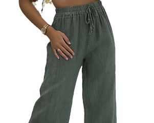 Pantalon Palazzo kaki en lin élastique à la taille