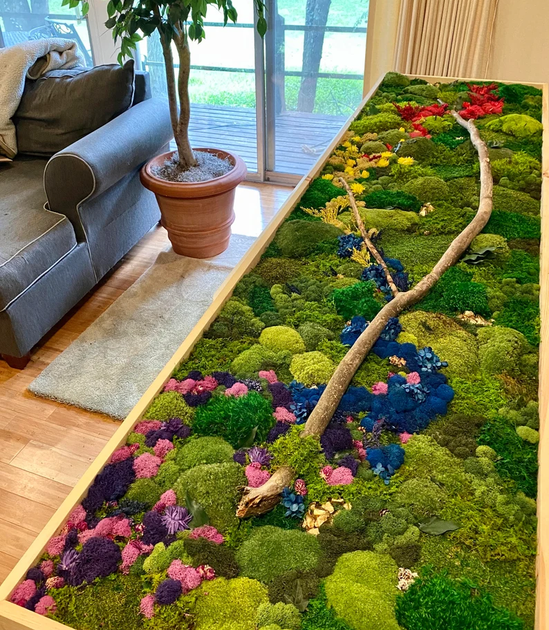 Preserved reindeer moss assorted colors used in wall art.