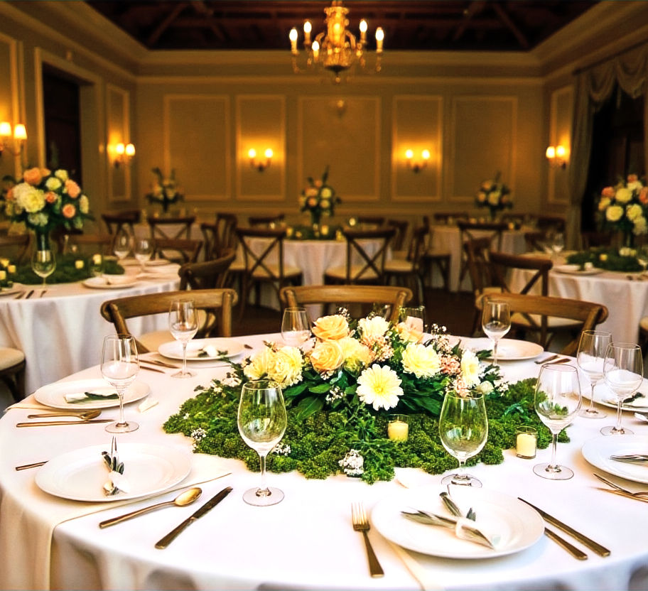 Wedding tables with preserved sheet moss