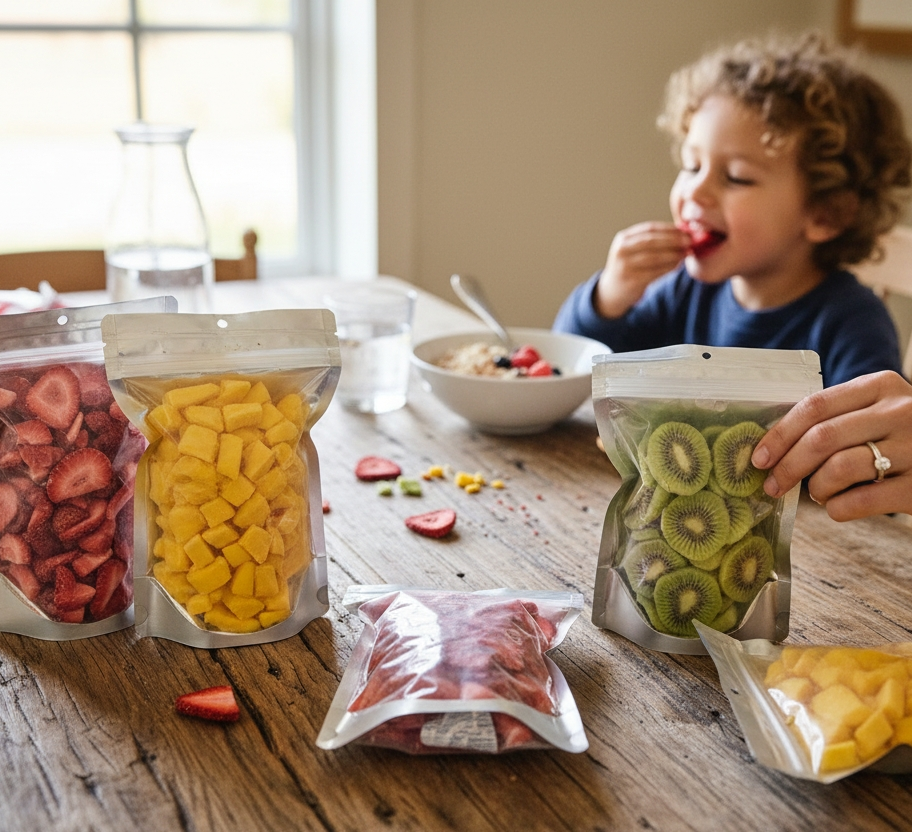 Child eating Freeze dried strawberries.