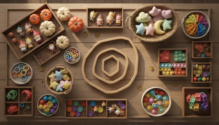 Overhead view of fall-themed Wigglitz collectibles beside pastel squishies and fidget toys.