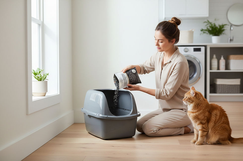 Activated charcoal being used in a cat litter box for odor control