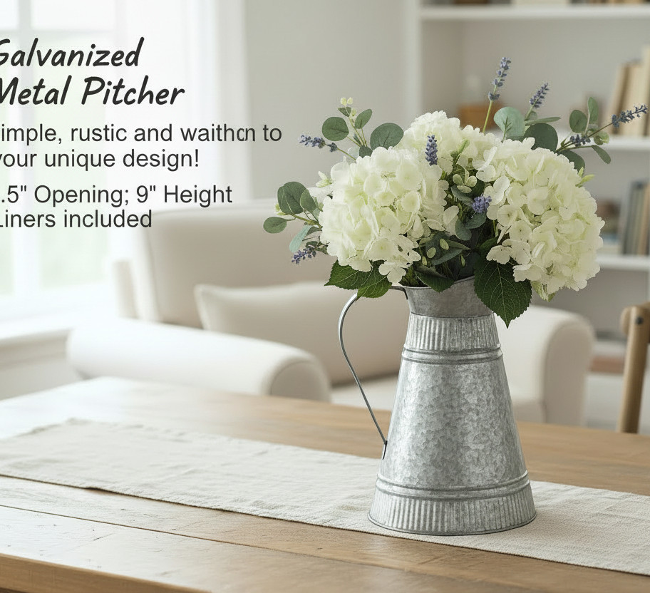 Galvanized Metal Pitcher with flowers added