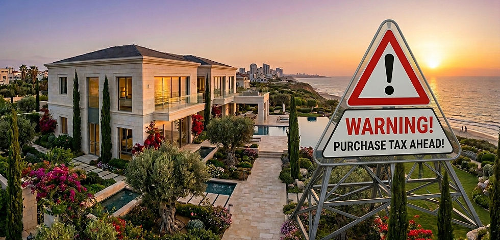 An image of a luxury villa, symbolizing the high-end residential sector, alongside a purchase tax warning, reflecting the changes introduced by the temporary provision in January 2026 regarding purchase tax on top-tier properties