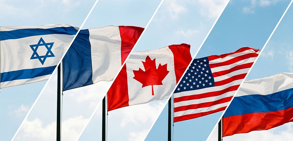 “An image featuring the flags of Israel, France, Russia, the United States, and Canada, symbolizing tax transparency and information exchange between these jurisdictions