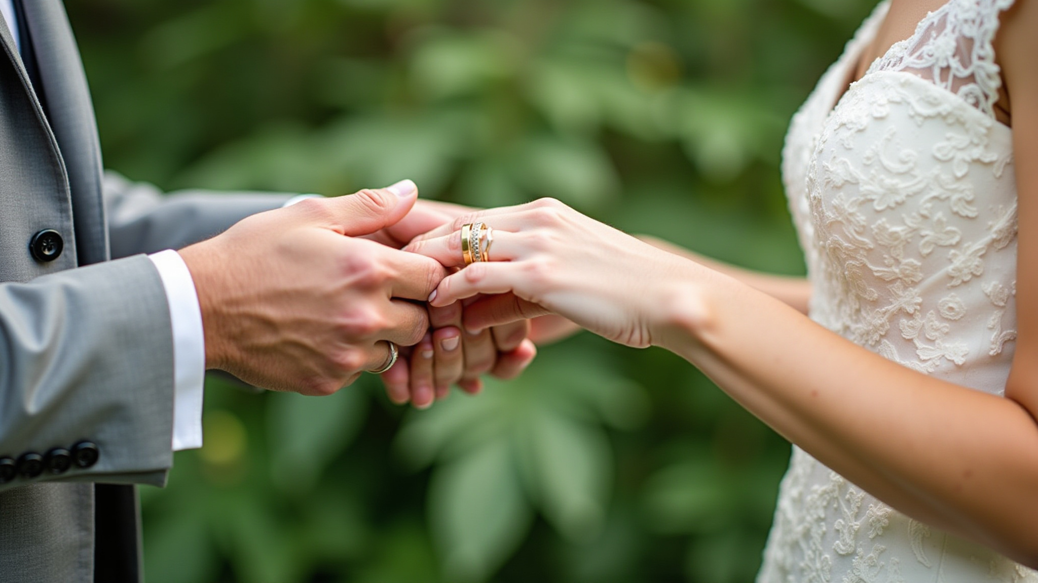 Couple exchanging rings at wedding ceremony, surrounded by greenery in background.