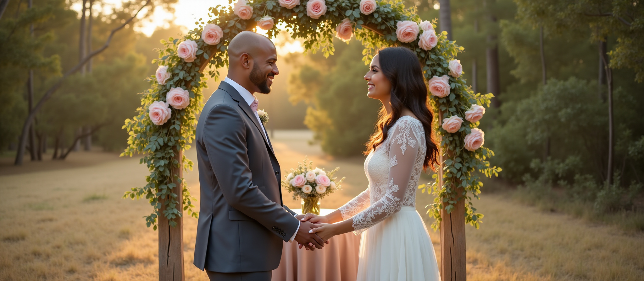Couple holding hands at wedding ceremony under floral arch in sunlight