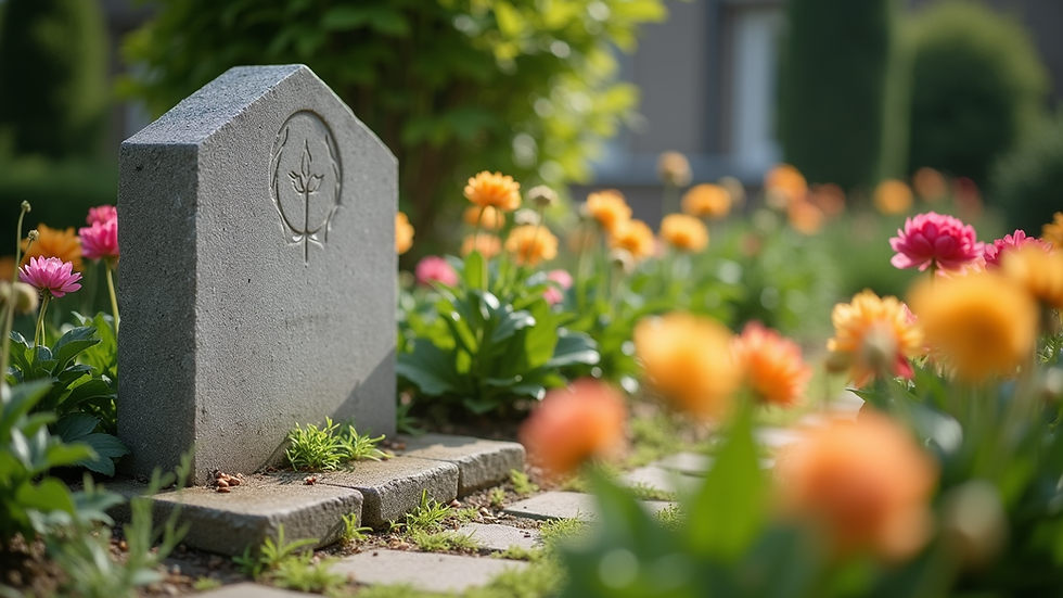 Close-up view of a small garden with colourful flowers and a memorial stone