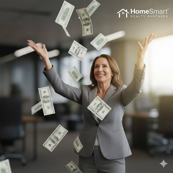 Real estate agent throwing money into the air.