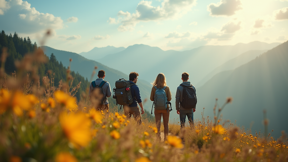 Eye-level view of a group of friends enjoying a scenic view during their travels