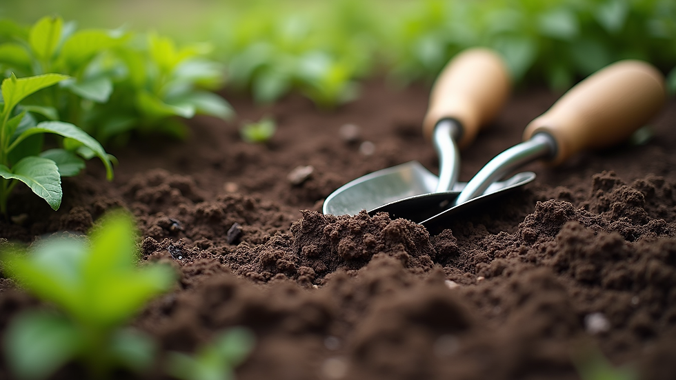 Close-up view of organic gardening tools laid out on soil