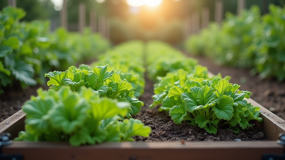 Eye-level view of a raised garden bed filled with healthy green vegetables