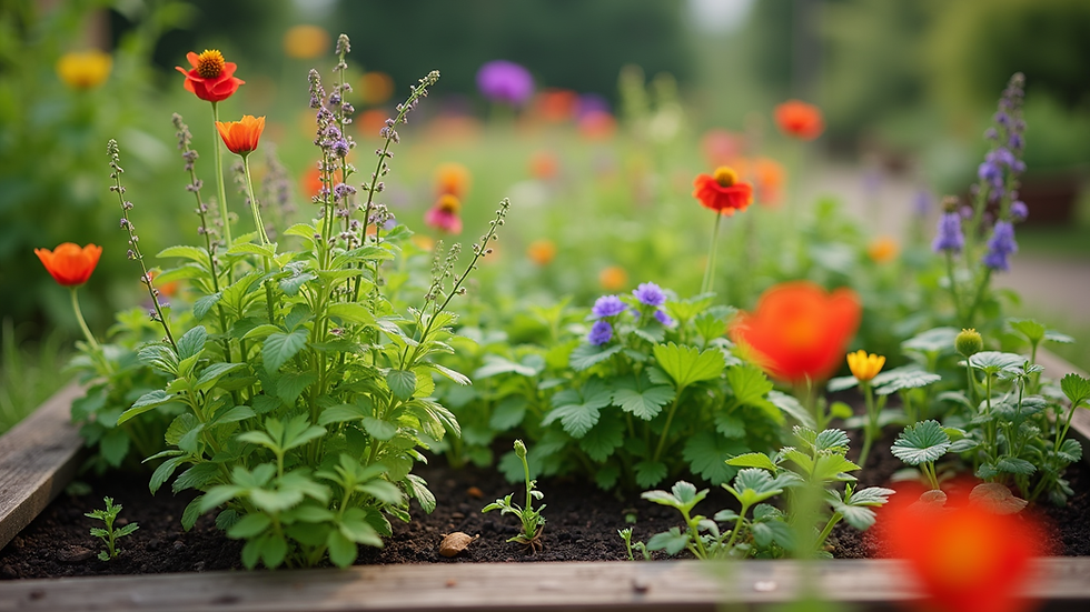 Eye-level view of a colorful raised garden bed with herbs and flowers