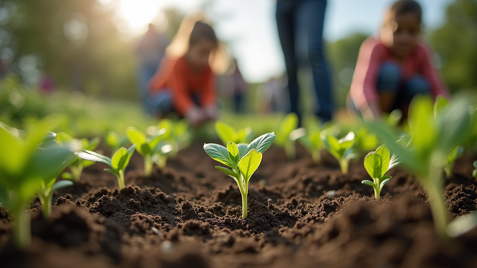 Eye-level view of a community garden workshop with families planting seedlings