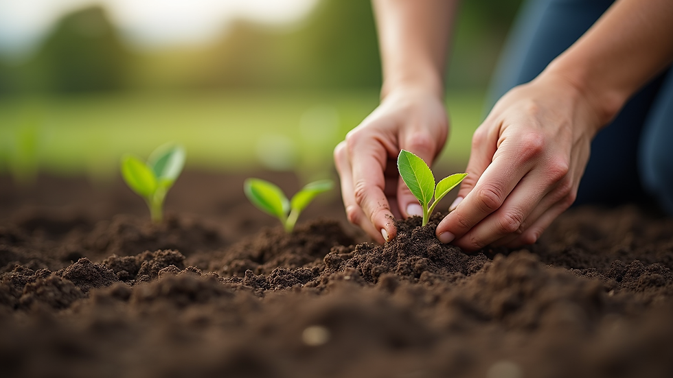 Close-up view of hands planting seeds in rich soil during a workshop