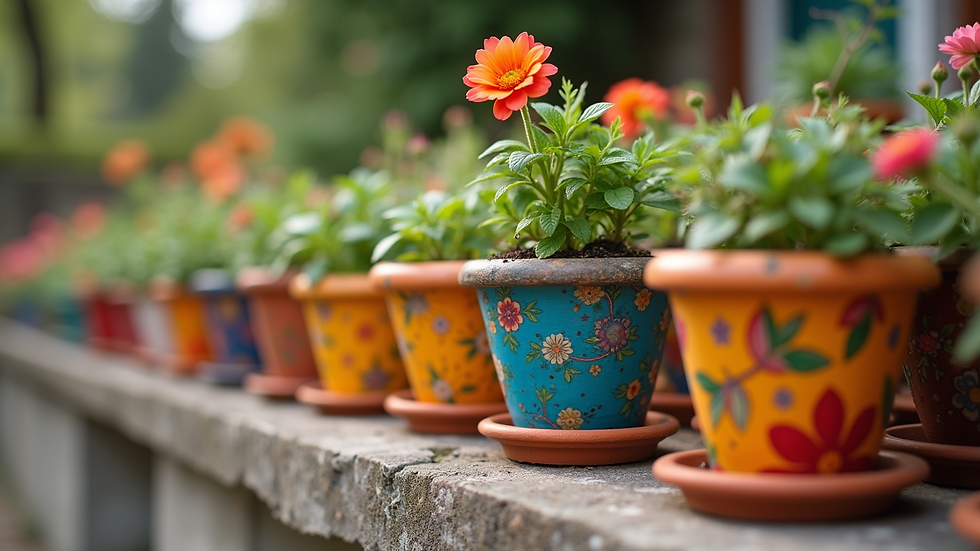 Close-up of painted flower pots with bright colors and patterns