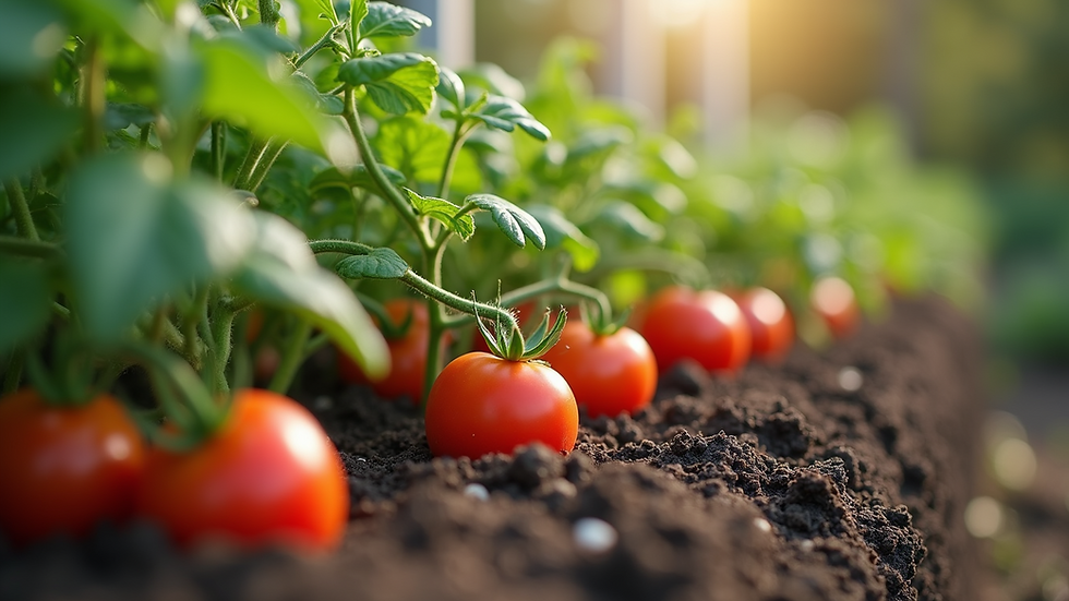 Eye-level view of a raised garden bed with thriving tomato plants