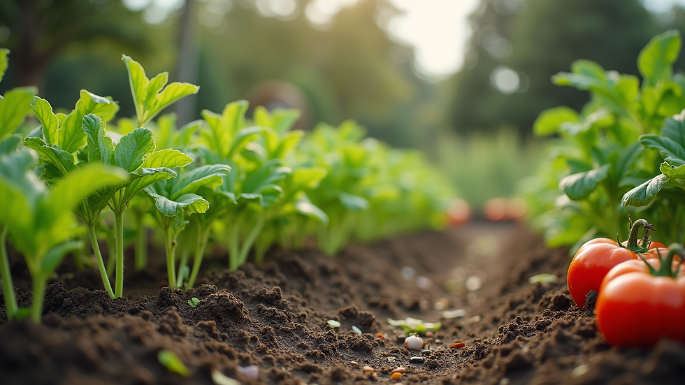Eye-level view of community garden beds with fresh vegetables growing