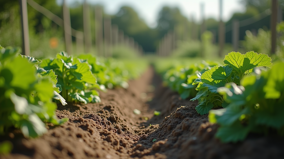Eye-level view of a community garden with rows of vegetables