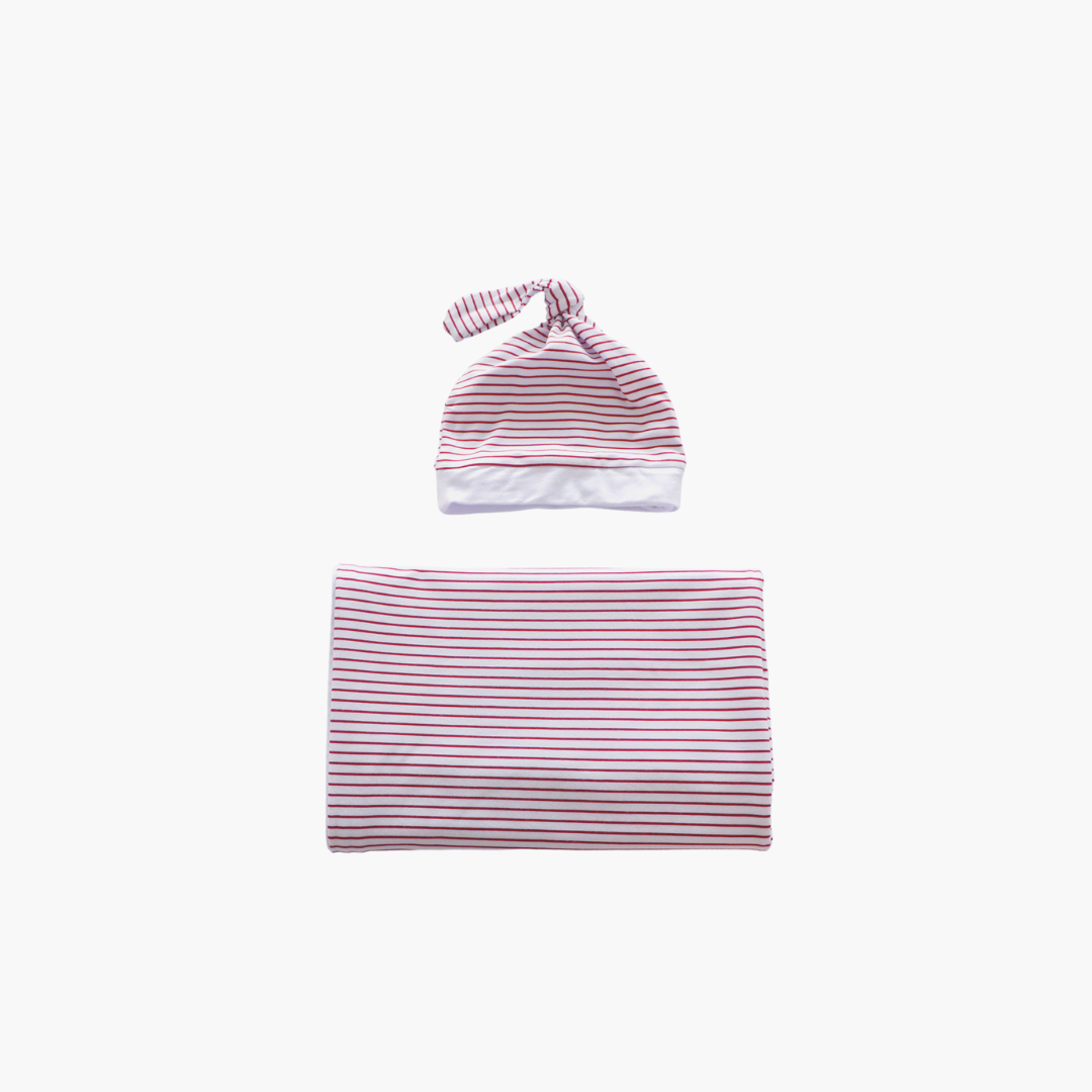 Premium Bamboo Swaddle Blanket & Knotted Beanie (Red & White Stripes)
