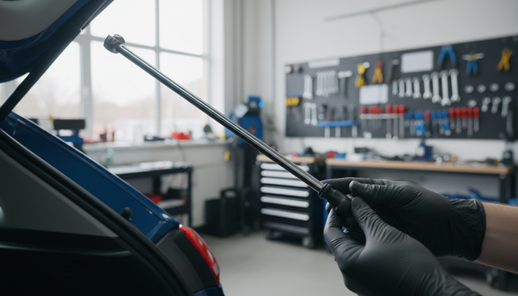 Eye-level view of a technician checking a gas strut on a vehicle tailgate.