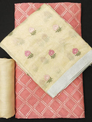 Chanderi Sequine Embroidery Paired With Linen Embroidery Dupatta and Plain Dupion Silk