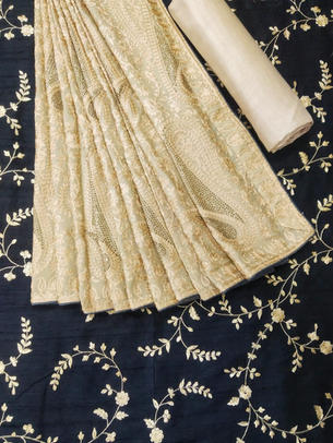 Raw Silk Embroidery Paired With Georgette thread and Swaroski Embroidery Dupatta and Plain