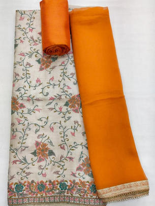 Tussar Resham Embroidery Unstitch Suit With Chiffon Dupatta