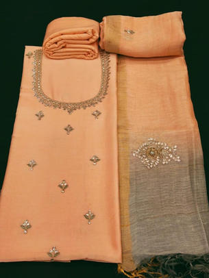 Chanderi Gota Work Unstitched Suit With Linen Duptta