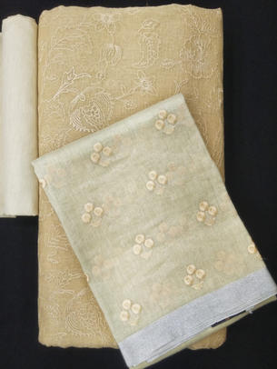 Chanderi Embroidery Paired With Linen Embroidery Dupatta and Plain Dupion Silk