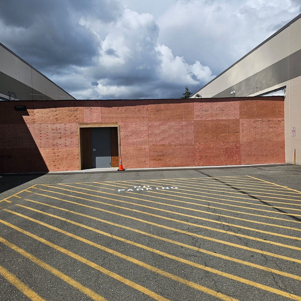 Empty parking lot with yellow diagonal lines and NO PARKING marking before a boarded wall under dark clouds.