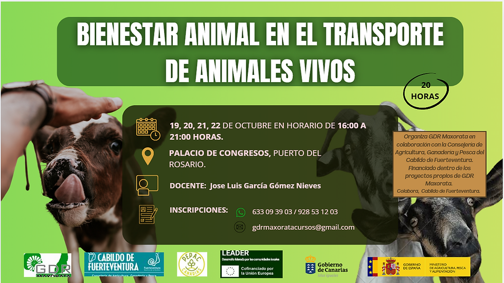 Curso Bienestar Animal en el Transporte de Animales Vivos, Puerto del Rosario del 19 de octubre al 22 de octubre de 2026. 20 horas.