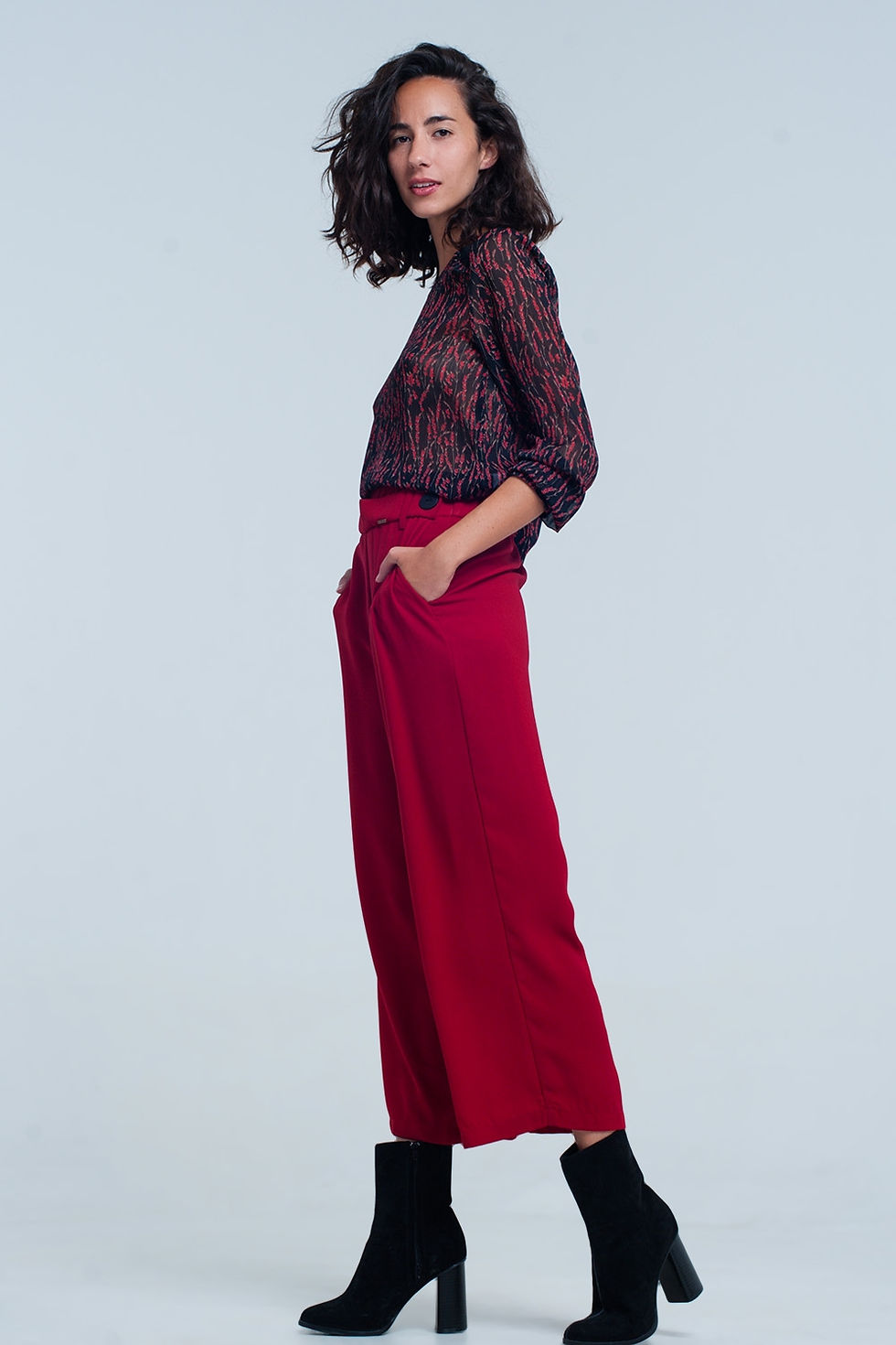 Thumbnail: Women's Red Wide Leg Culottes With Belt Detail
