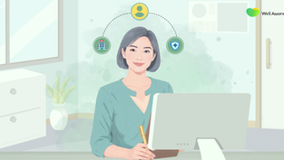 A medical billing expert sitting at a desk holding a pen and looking at a computer screen