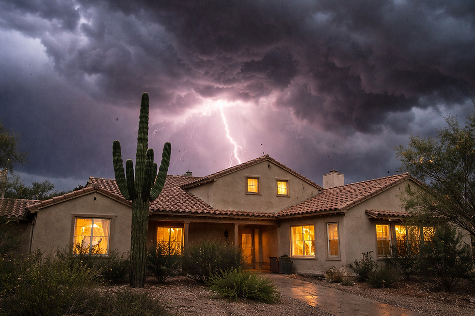Photo of a Southwestern stucco home with a Spanish tile roof during an Arizona monsoon storm, featuring a lightning strike behind the house and a saguaro cactus in the foreground. Highlighting the necessity to be prepared and to have a trusted Tucson Roofing Contractor by your side.