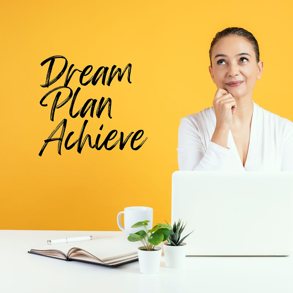 Thoughtful woman seated with her hand on her chin, looking contemplative, accompanied by the motivational text 'Dream Plan Achieve.